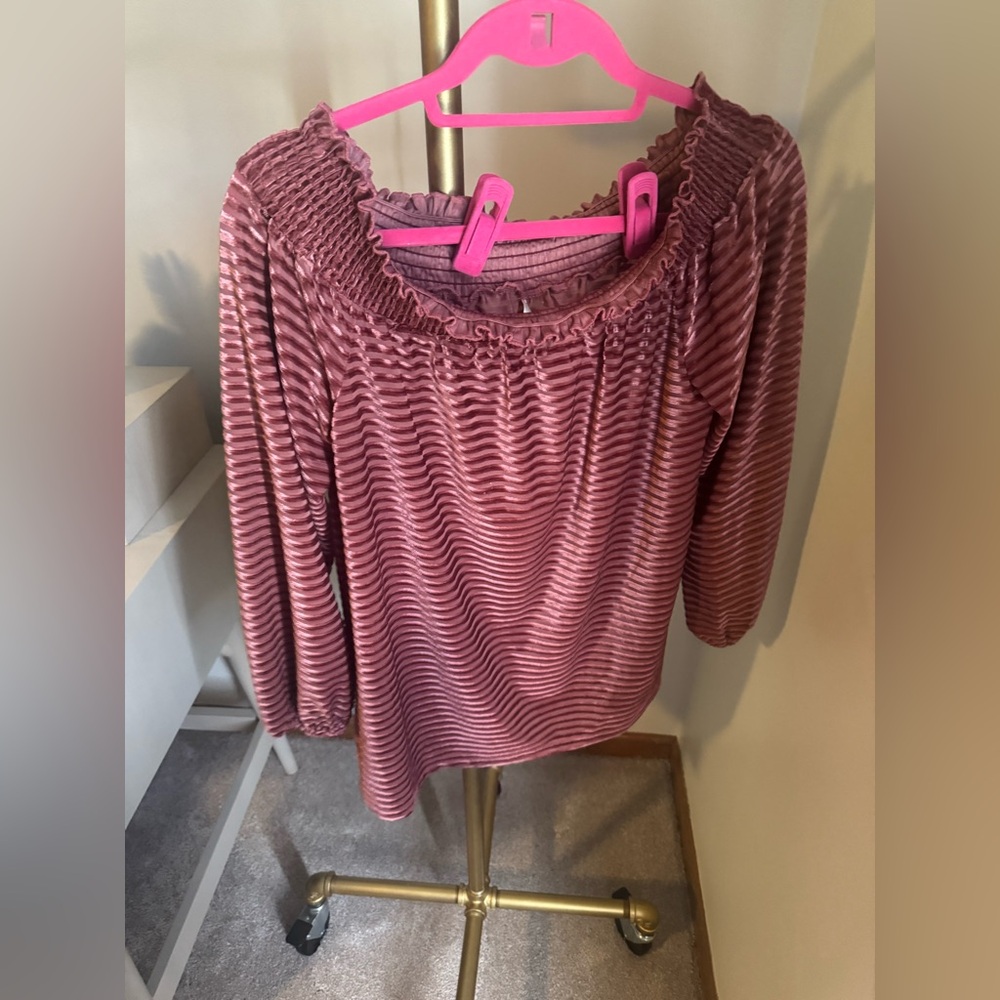 Pink Off the Shoulder Striped Velvet Top - Size Medium